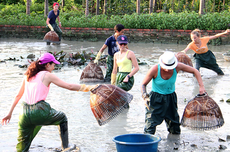 Du khách và người dân địa phương nhảy múa quanh lửa trại