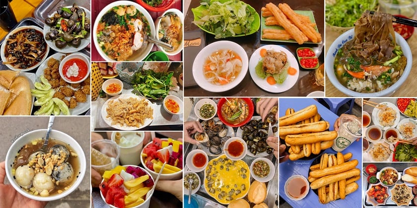 Một bàn ăn thịnh soạn với nhiều món đặc sản Hải Phòng như bánh mì cay, nem cua bể, bún cá, và các món ăn vặt khác.