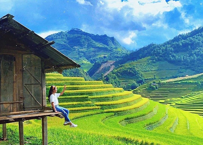 Thung lũng với ruộng bậc thang vàng óng mùa lúa chín